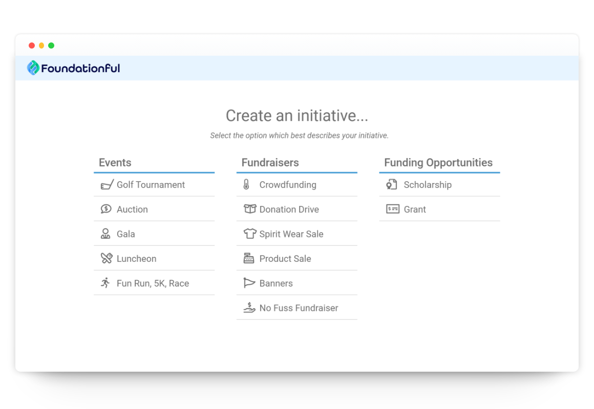 "Create an Initiative" screenshot from the Foundationful web application